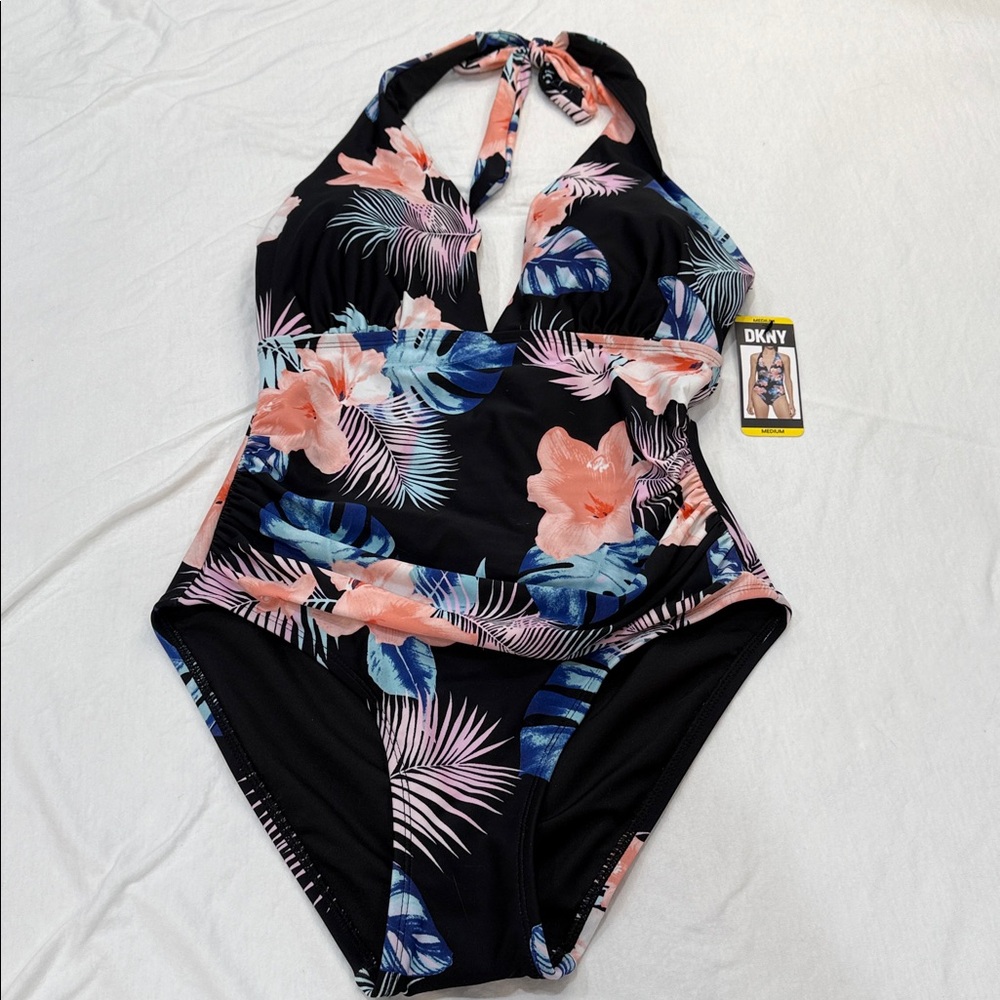 DKNY Ladies Swimsuit Halter Shirred Tropical floral Print a one Piece Size M NWT - Picture 1 of 12